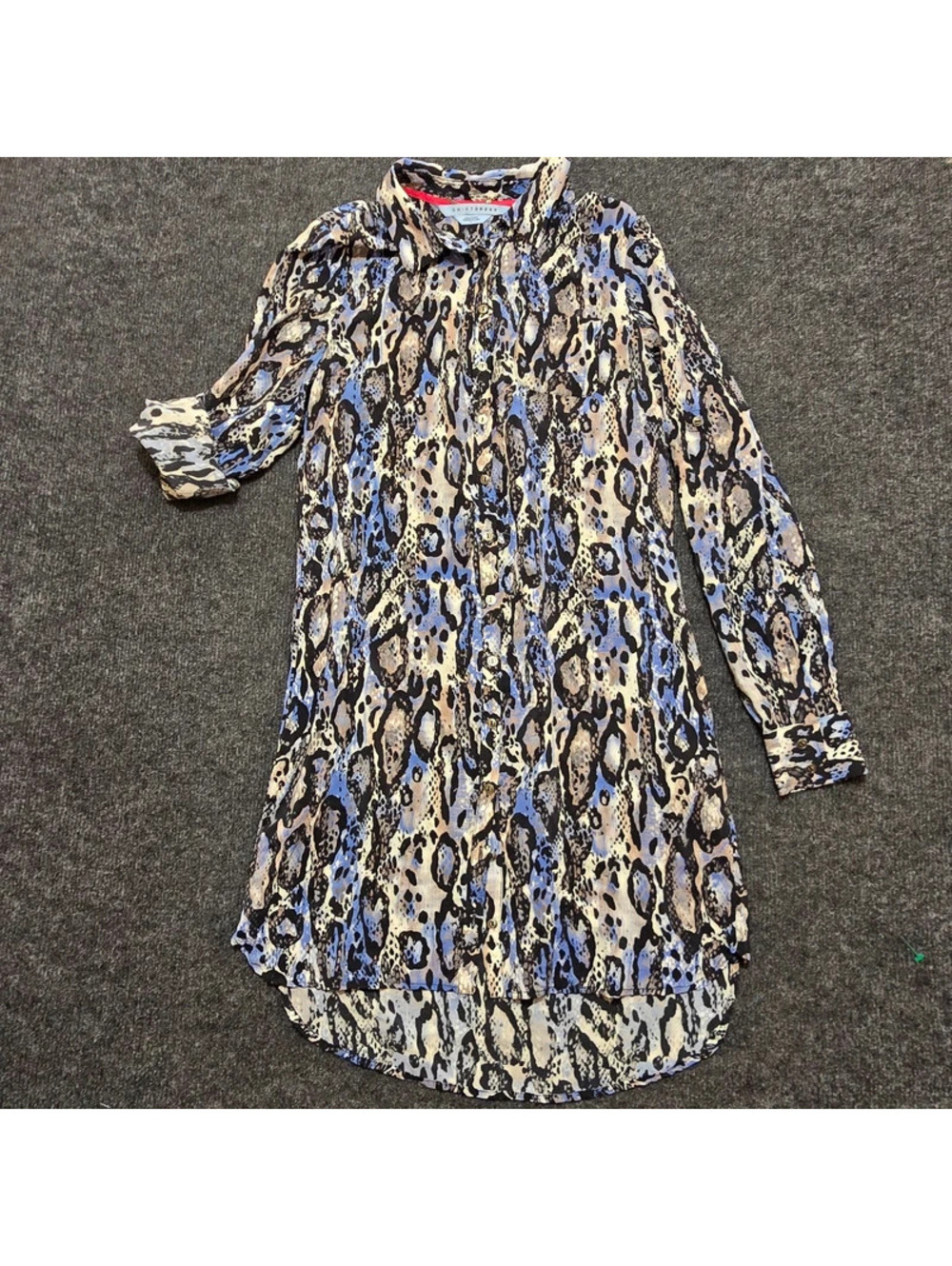 Womens Shirt Dress Size 2 Blue Beige Snakeskin Button Up Convertible Tab Sleeve